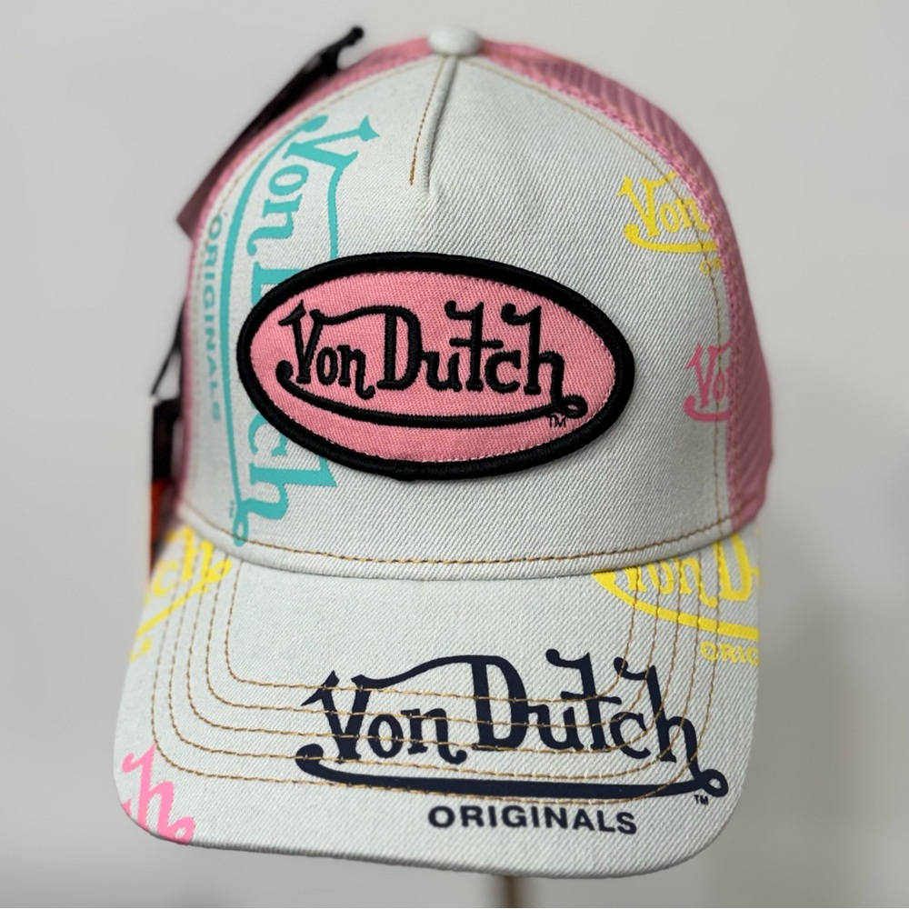 NWT Von Dutch Light Denim Pink Logo Trucker Hat - SnapBack